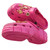 Pink Gold Chain Umbrella Clog – Fun and flashy pink clogs with a durable design and shiny umbrella hardware.