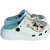 Light Blue Glitter Star & Bow Clog – Cool blue comfort meets high-fashion with tiered gold chains and glittery accents.