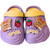Playful light purple childrens clogs accented with a bright lemon yellow comfort strap and cheerful 3D rubber icons.