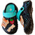 Lightweight outdoor garden clogs for toddlers, pairing a black textured body with a vibrant aqua backstrap and teddy charms.