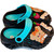 Childrens non-slip pool slippers in black and aqua, decorated with raised rubber strawberry and love typography plaques.