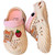 Comfortable dual-tone beige and blush slip-on footwear with open-air breathability holes and delightful cartoon badges.