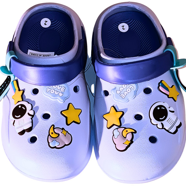 Bright and airy light blue clogs with breathable ventilation and colorful "Love You" cloud and star charms.