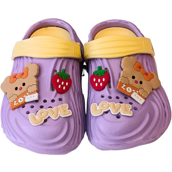 Kids Summer Clog Sandals - Toddler Slip-On Garden Shoes and Beach Slippers with Cute Cartoon Bear & Strawberry Charms | Lightweight Breathable Water Shoes for Girls and Boys