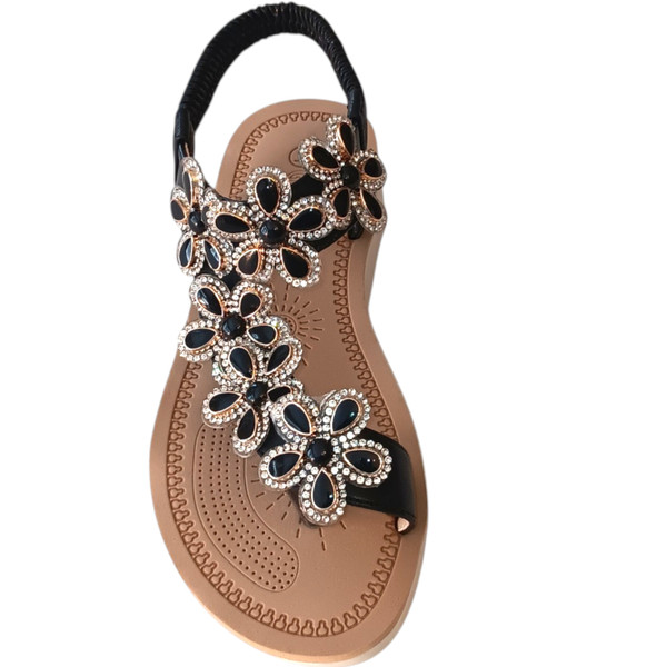 Girls Chic Black Embroidered Lace Flower Summer Slipper with Back Strap