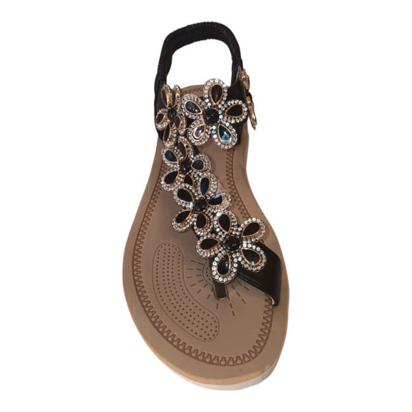 Sleek black wedge sandals detailed with high-shine crystal flowers.