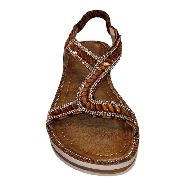 Womens Camel Rhinestone Wedge Sandals: Comfort platform sandals with crystal detailing.