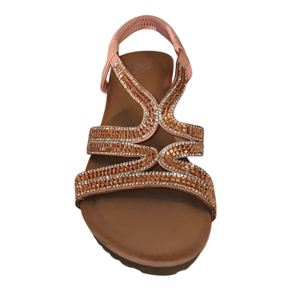 Glamorous rose gold crisscross wave rhinestone low platform flexible backstrap sandals