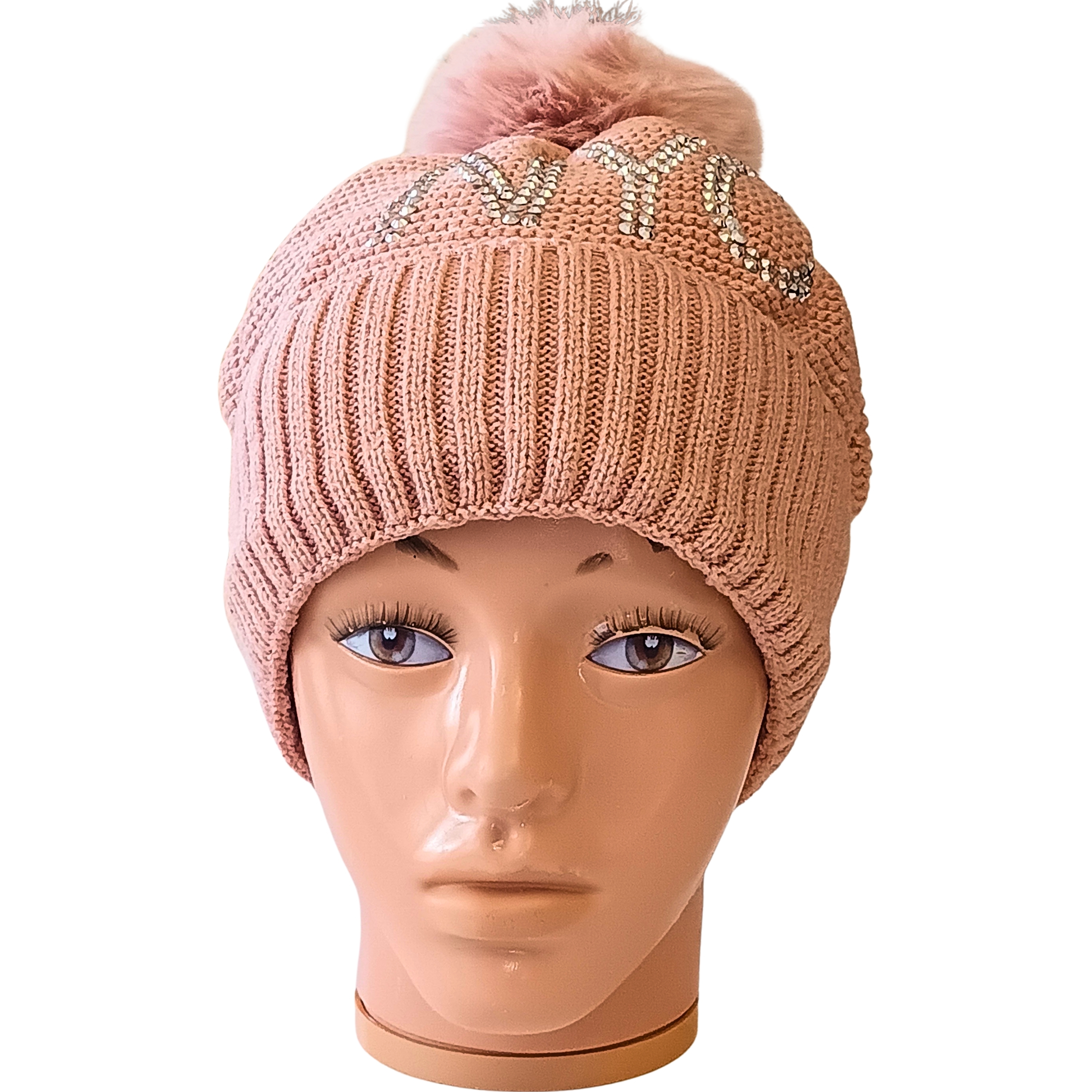 Women's Rhinestone NYC Knit Beanie with Faux Fur Pom-Pom: Fleece-Lined Warm Winter Hat