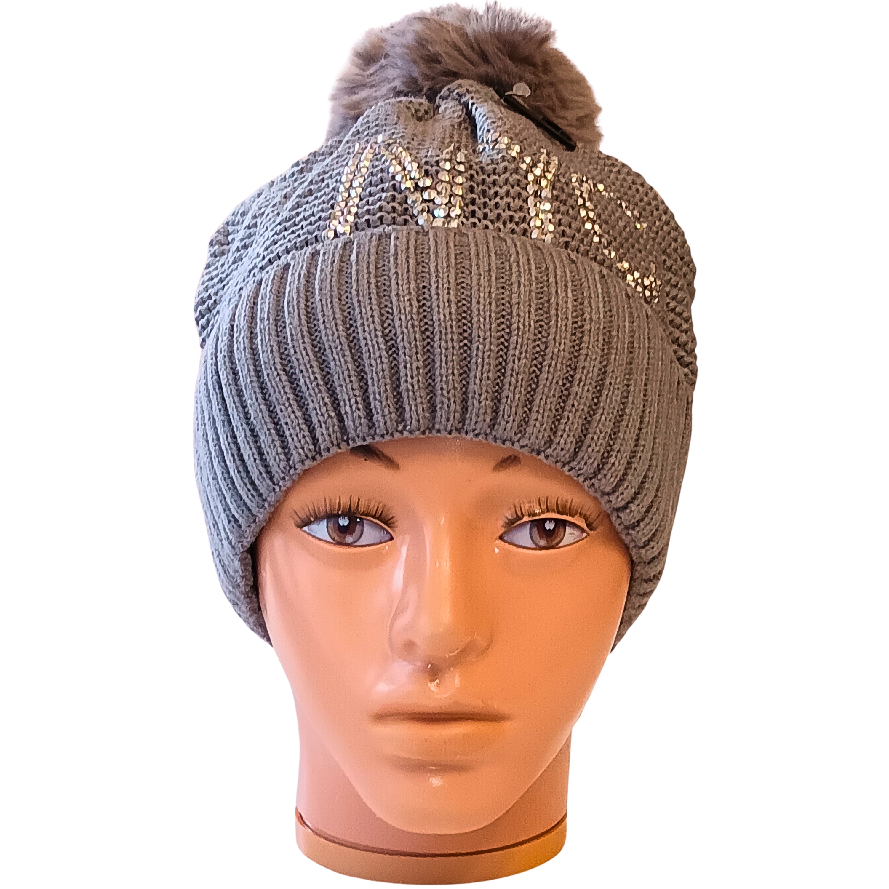 Women's Rhinestone NYC Knit Beanie with Faux Fur Pom-Pom: Fleece-Lined Warm Winter Hat