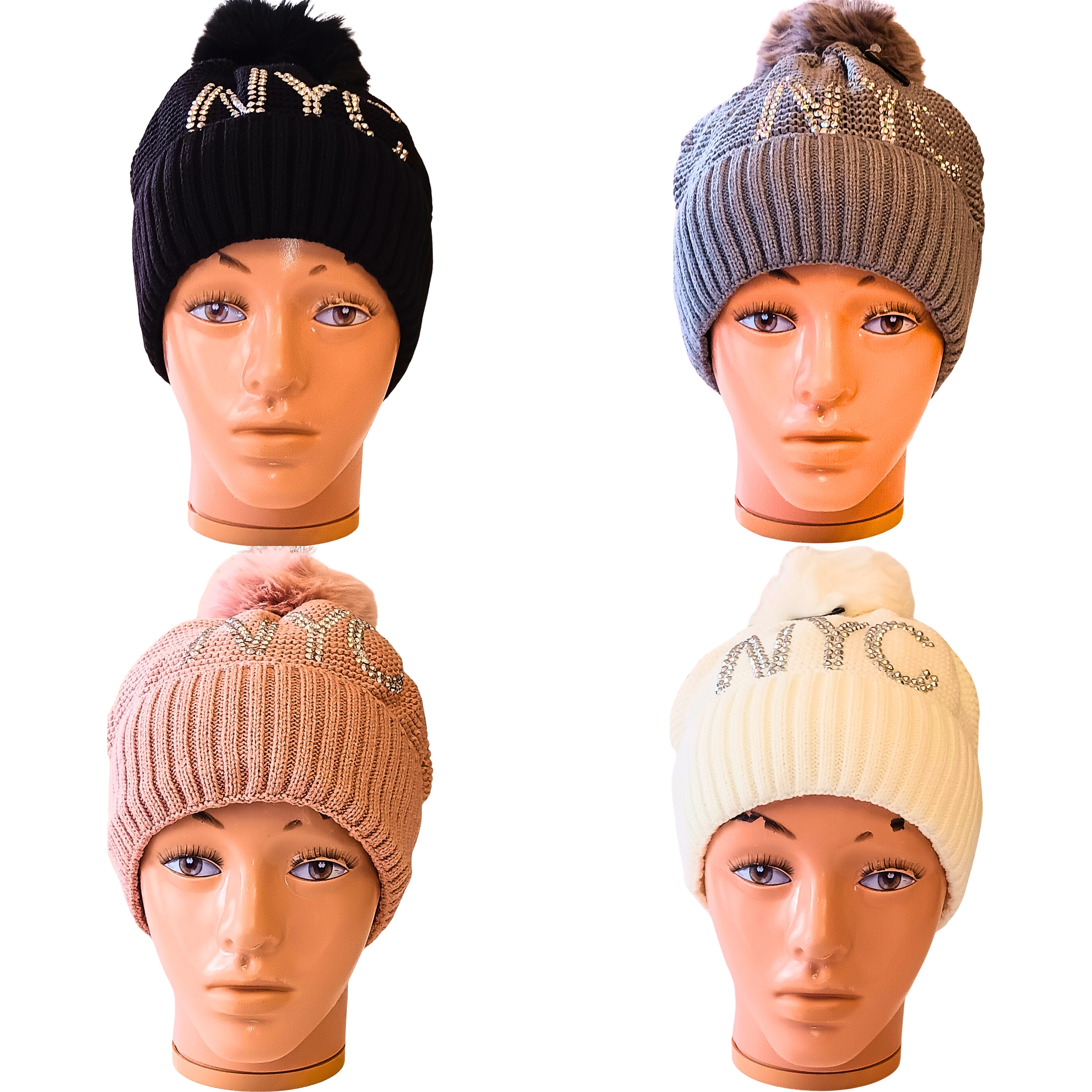 Women's Rhinestone NYC Knit Beanie with Faux Fur Pom-Pom: Fleece-Lined Warm Winter Hat