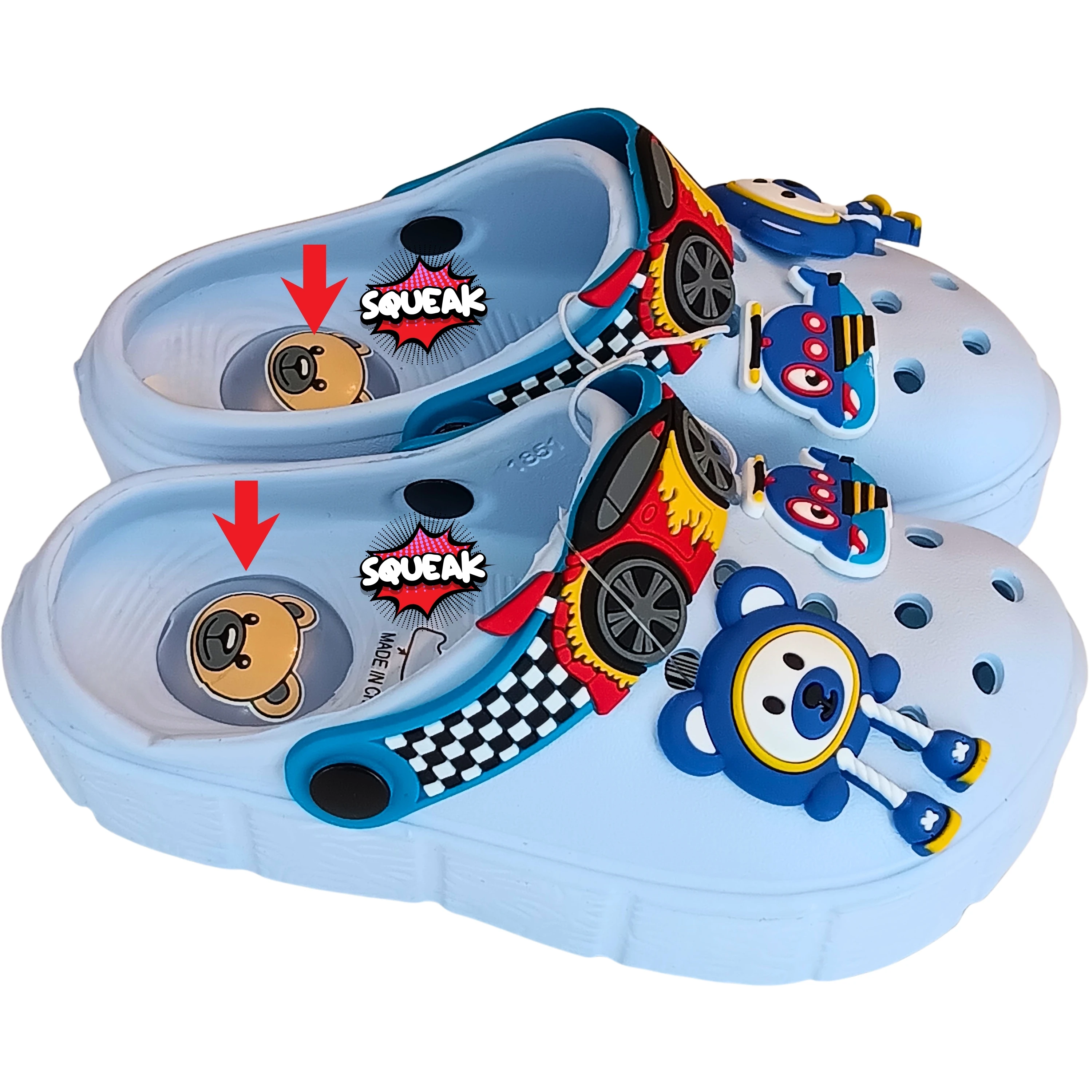 Toddler Squeaky Clog Slippers - Non-Slip Cartoon Blue Garden Sandals for Boys