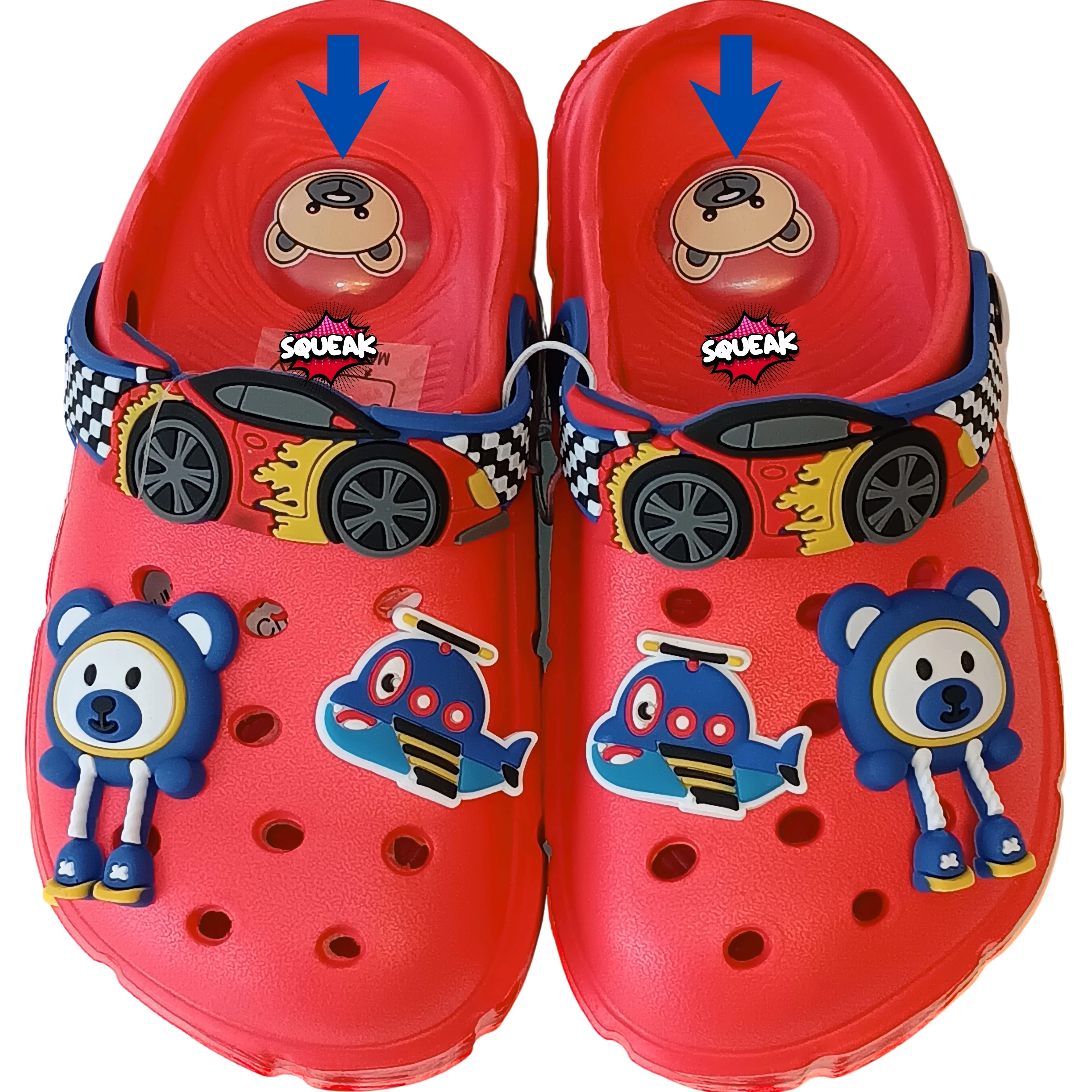 Unisex Toddler Squeaky Clog Slippers - Non-Slip Cartoon Red Garden Sandals for Boys & Girls