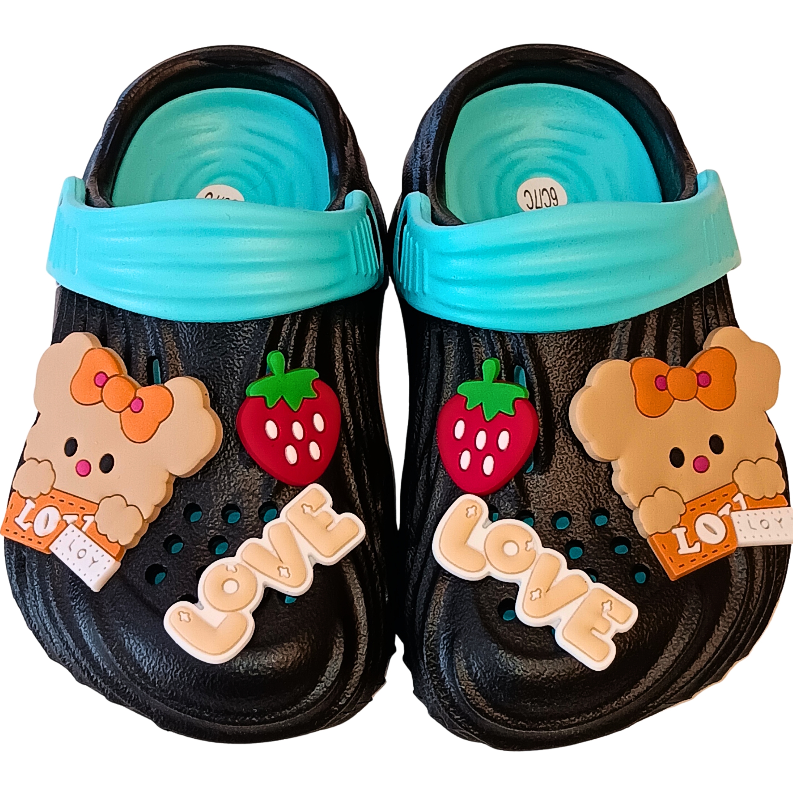 Kids Summer Black Clog Sandals - Toddler Slip-On Garden Shoes and Beach Slippers with Cute Cartoon Bear & Strawberry Charms | Lightweight Breathable Water Shoes for Girls and Boys