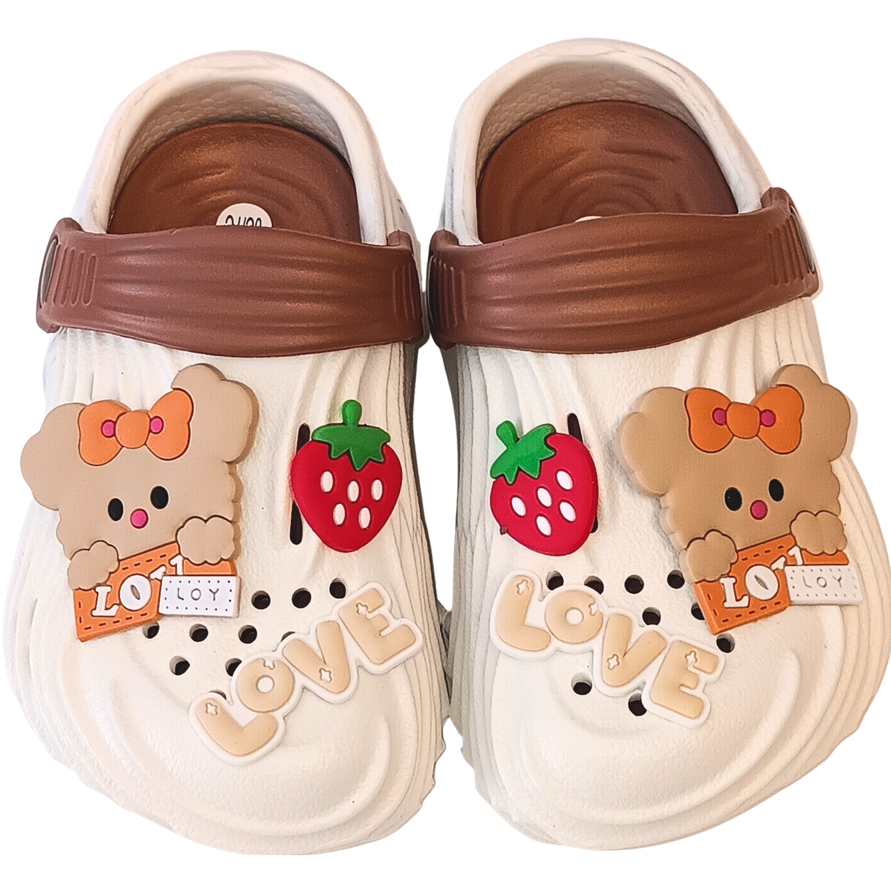 Kids Summer White Clog Sandals - Toddler Slip-On Garden Shoes and Beach Slippers with Cute Cartoon Bear & Strawberry Charms | Lightweight Breathable Water Shoes for Girls and Boys