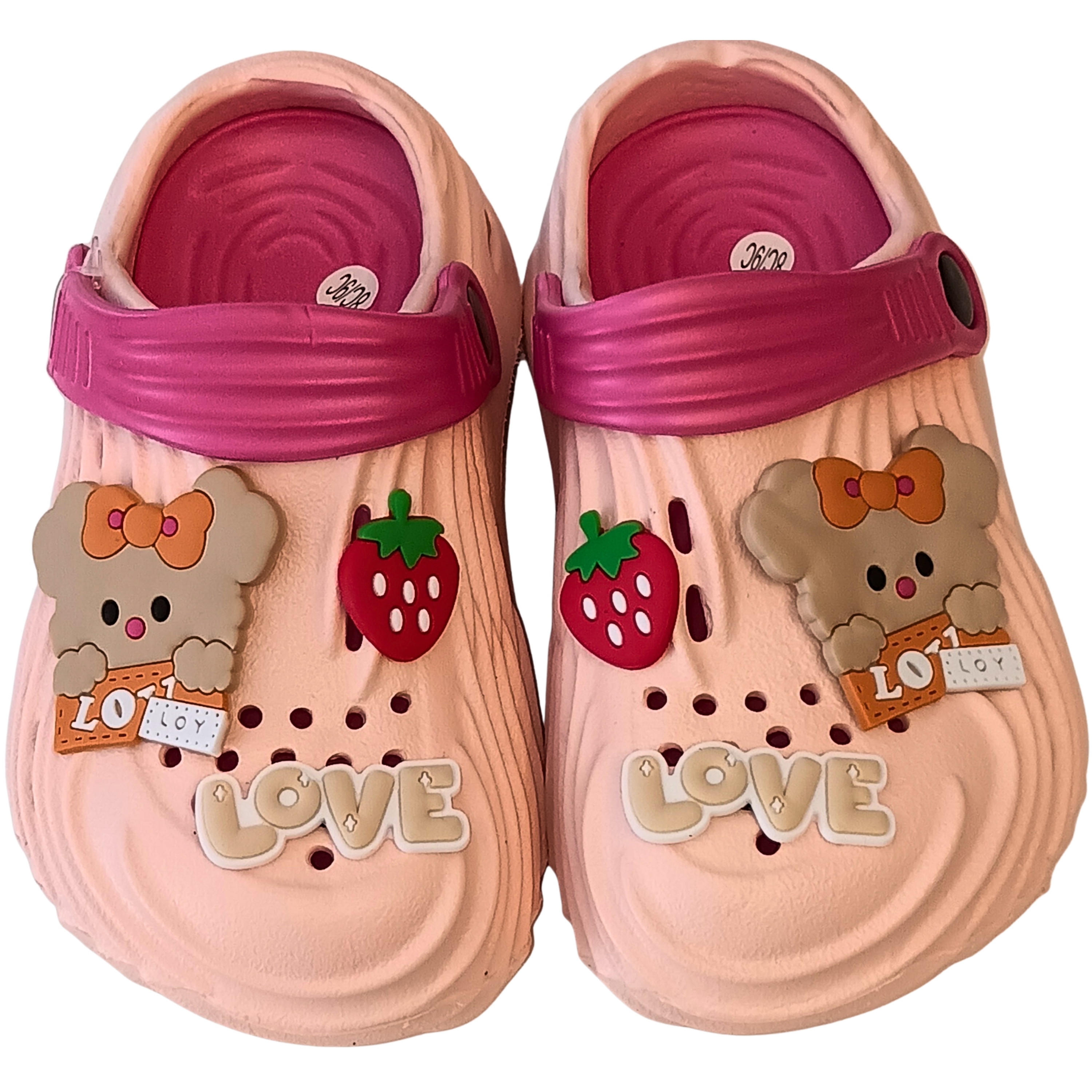 Kids Summer Pink Clog Sandals - Toddler Slip-On Garden Shoes and Beach Slippers with Cute Cartoon Bear & Strawberry Charms | Lightweight Breathable Water Shoes for Girls and Boys