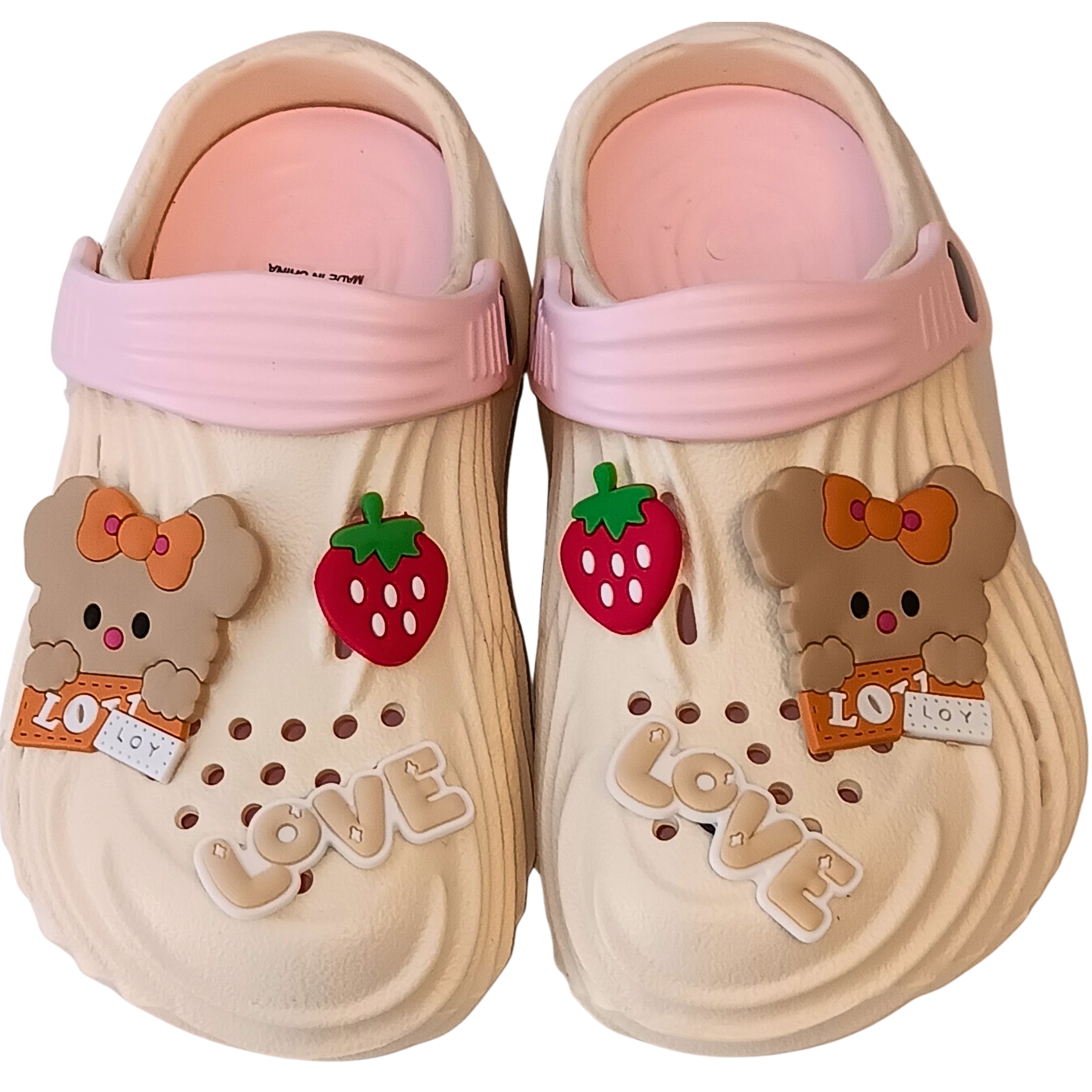 Kids Summer Beige Clog Sandals - Toddler Slip-On Garden Shoes and Beach Slippers with Cute Cartoon Bear & Strawberry Charms | Lightweight Breathable Water Shoes for Girls and Boys