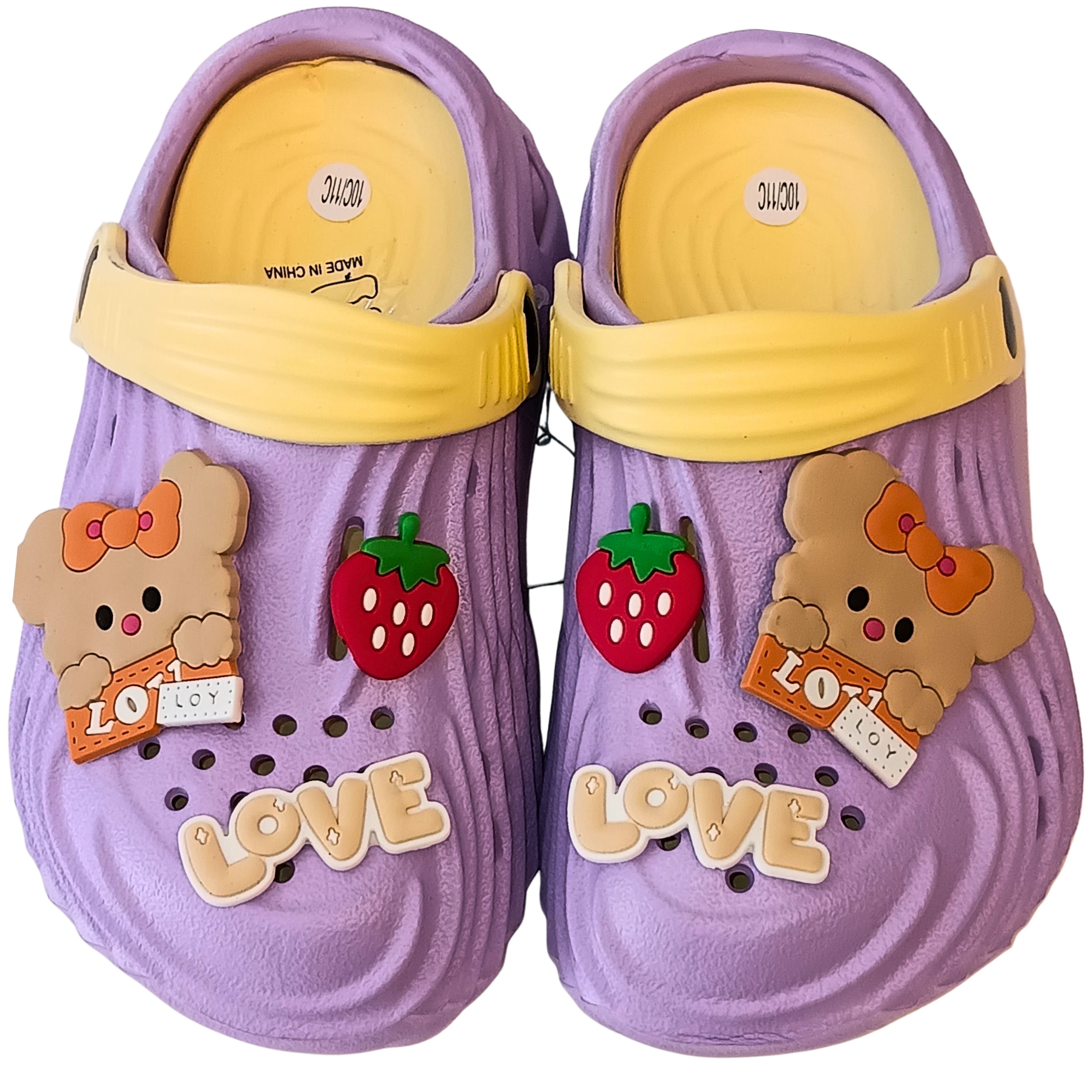 Kids Summer Purple Clog Sandals - Toddler Slip-On Garden Shoes and Beach Slippers with Cute Cartoon Bear & Strawberry Charms | Lightweight Breathable Water Shoes for Girls and Boys