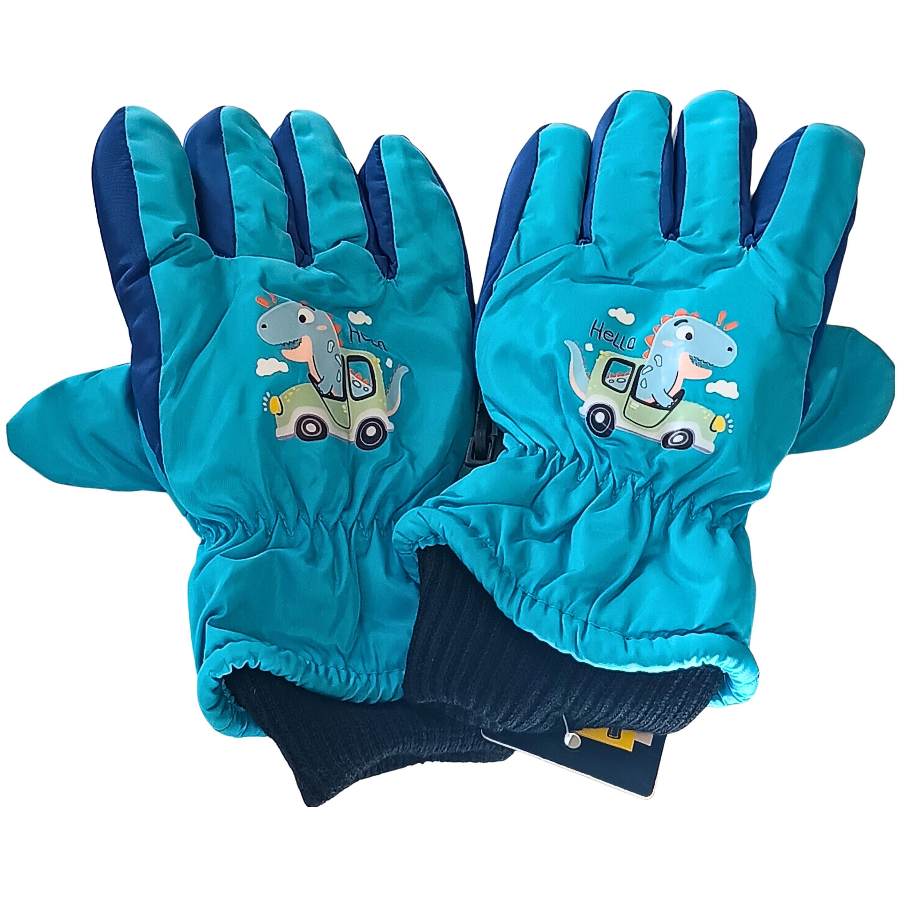 Boys Warm Winter Snow Gloves &ndash; Cute Dinosaur Car Graphic with Elastic Wrist Cuffs for Kids Ages 5&ndash;8
