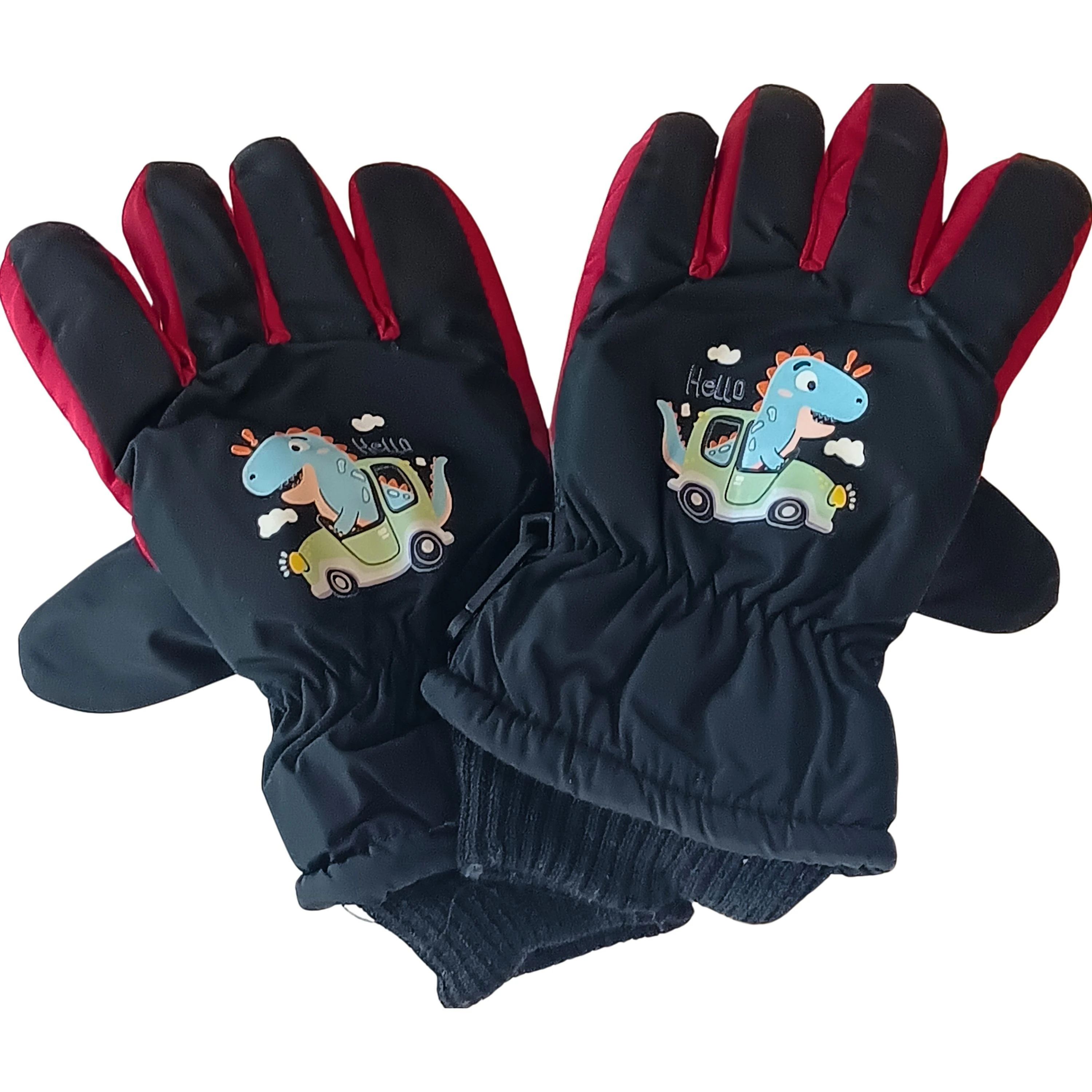 Boys Winter Gloves with Cute Dinosaur Car Graphic &ndash; Warm, Water-Resistant & Elastic Wrist Cuffs (Ages 5&ndash;8)