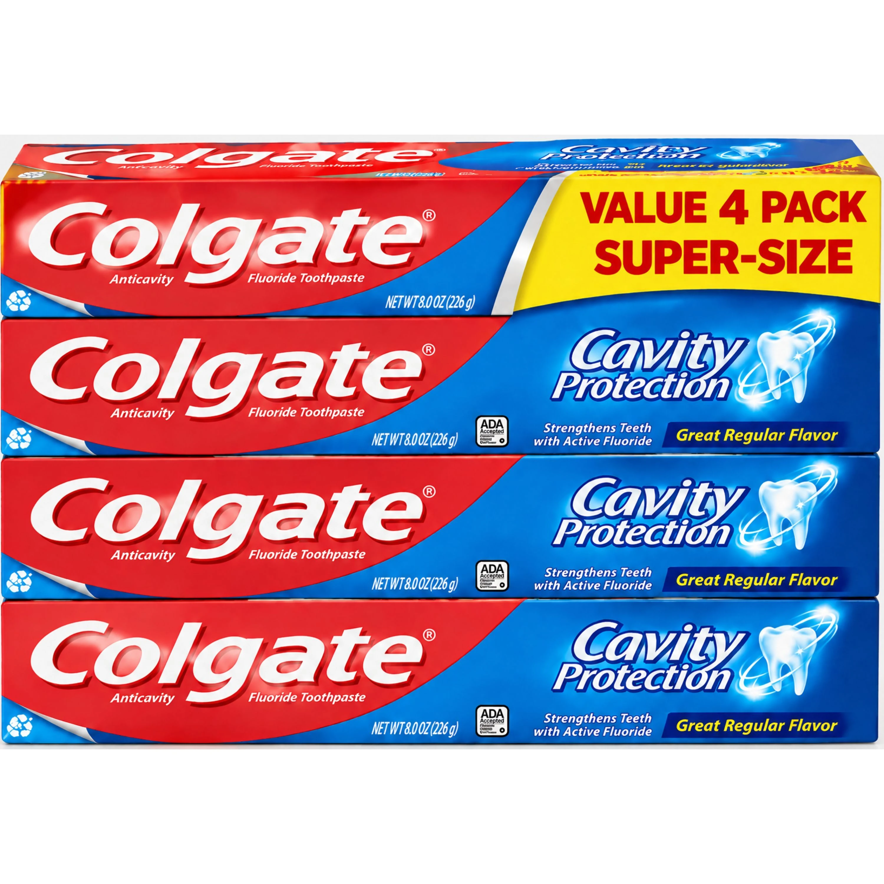 Colgate Cavity Protection Anticavity Fluoride Toothpaste, Value 4 Pack Super-Size, Great Regular Flavor, 8 oz Tubes
