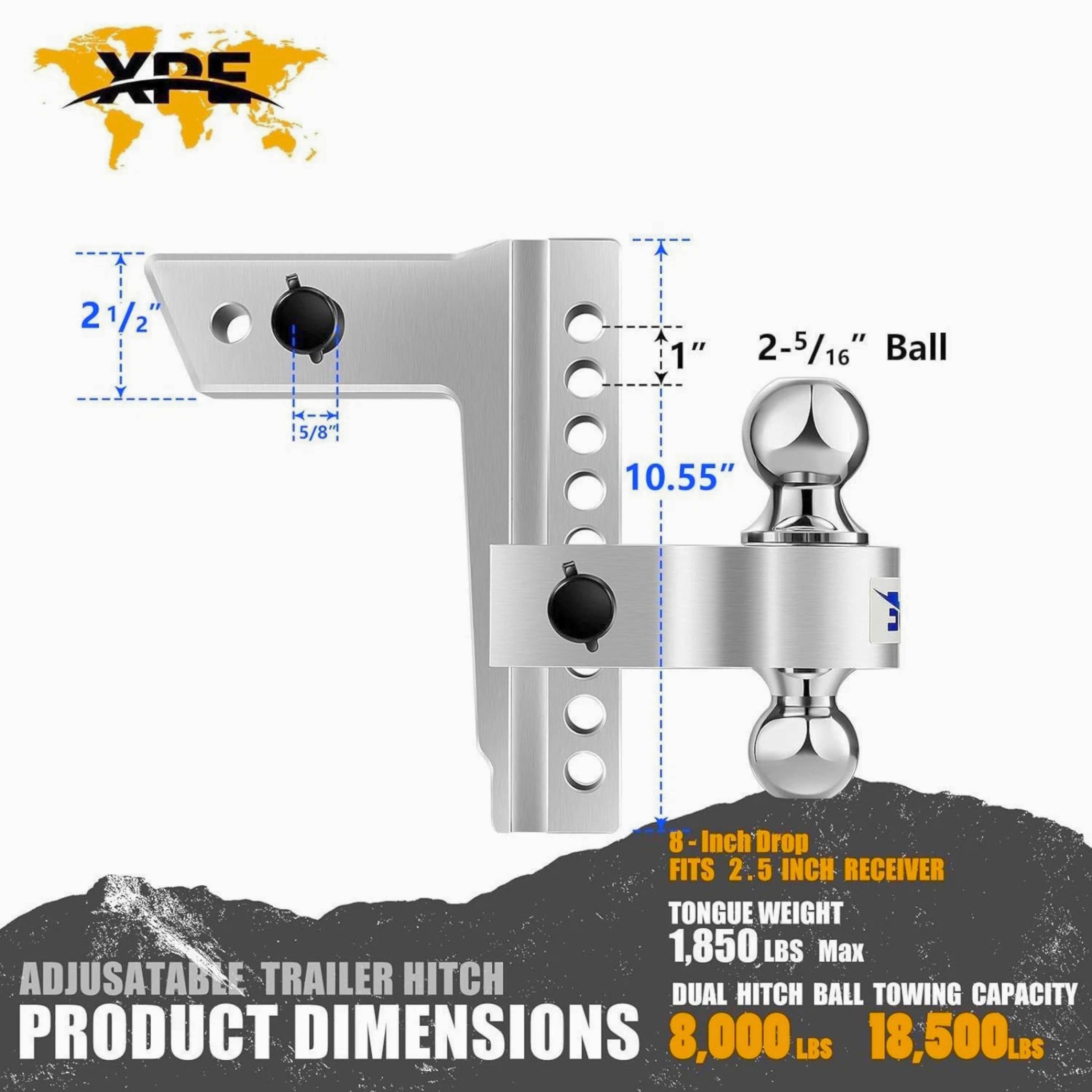 XPE Adjustable Trailer Hitch 2.5-inch Receiver 8-inch Drop/Rise Tow Hitch Aluminum 12500 LBS