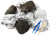 Photo of the PelletPal Large Pack of 10: barn owl pellets, foil-wrapped and unwrapped, with blue forceps and a bamboo paddle pick