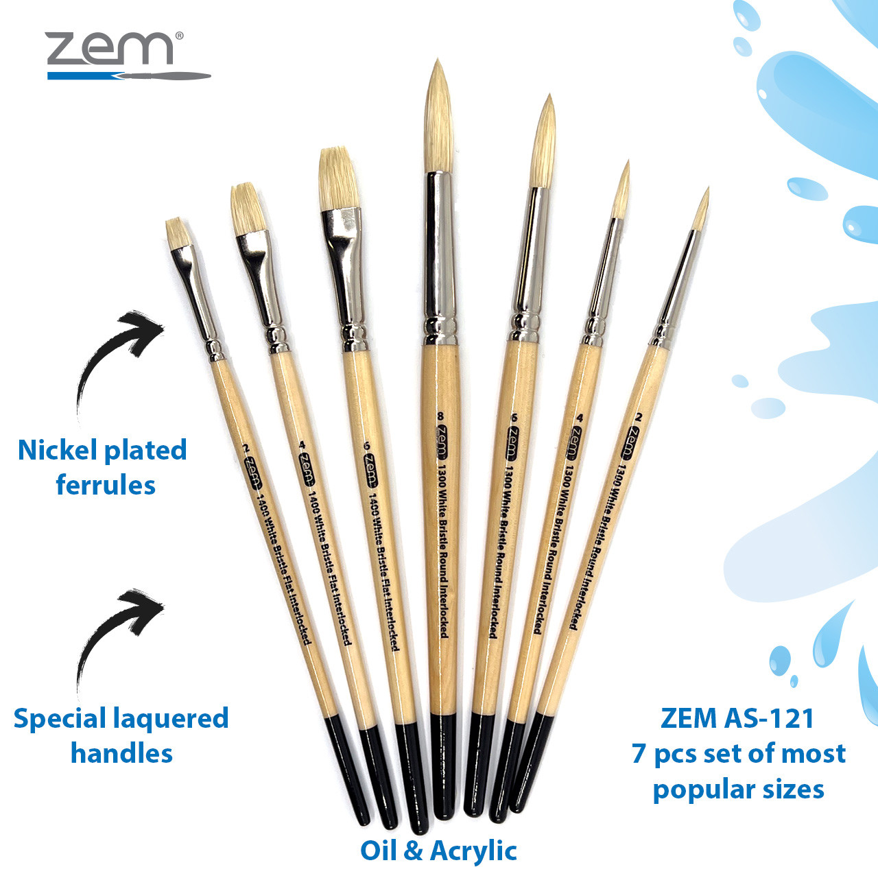 AS-237 White Bristle Synthetic Stencil Brush Set 7 pcs