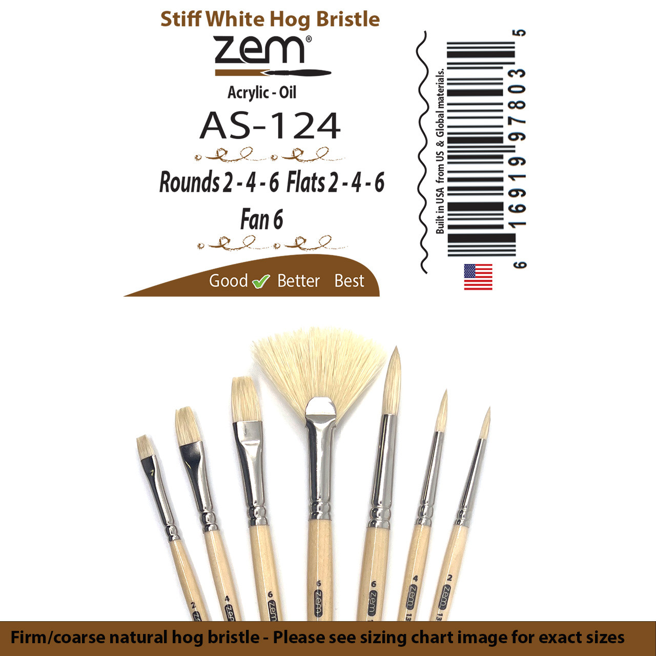 AS-124 Stiff Hog Bristle Brush Set 7 pcs Combo