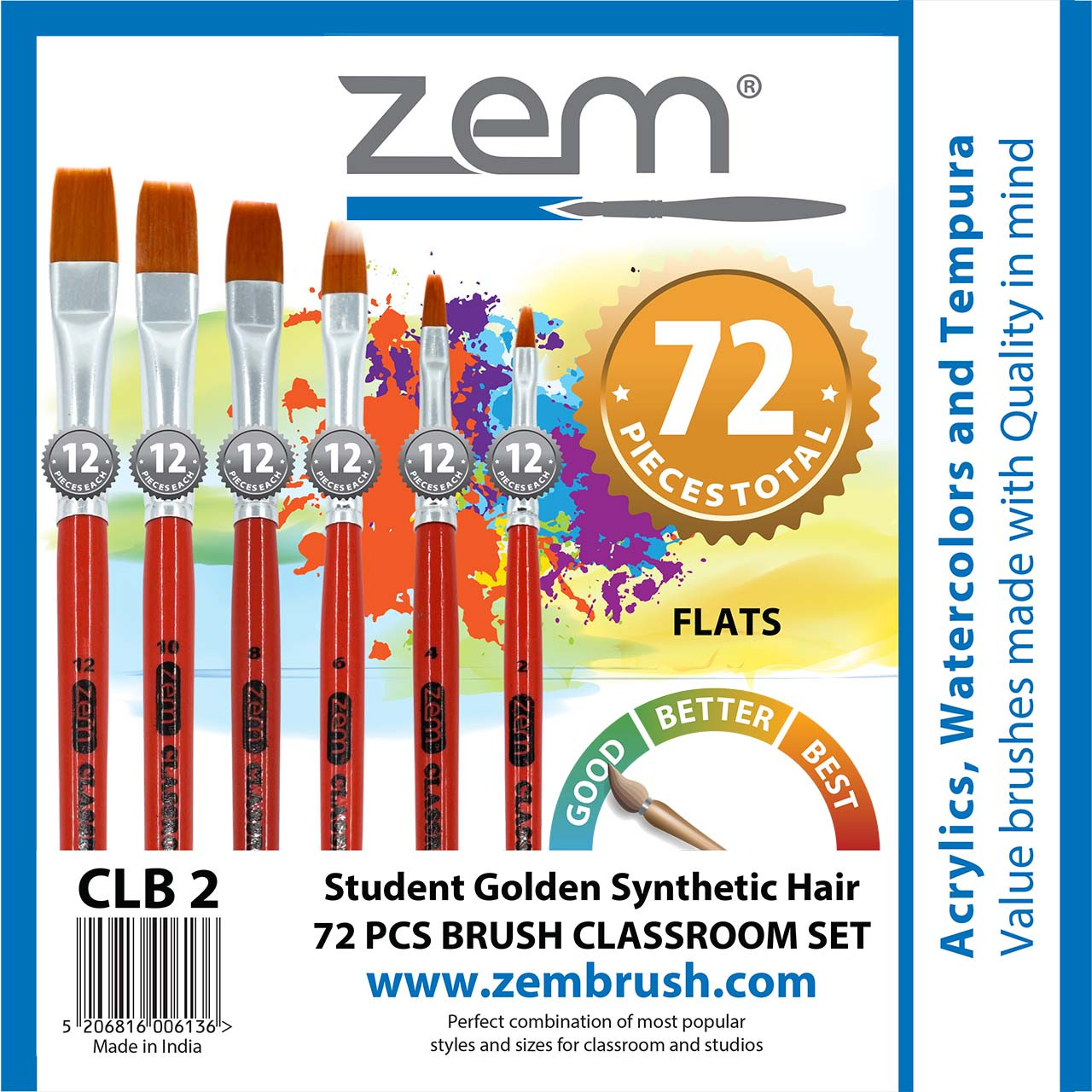 ZEM CLB2 Classroom Artist Brush Box Set Flats 72 pcs