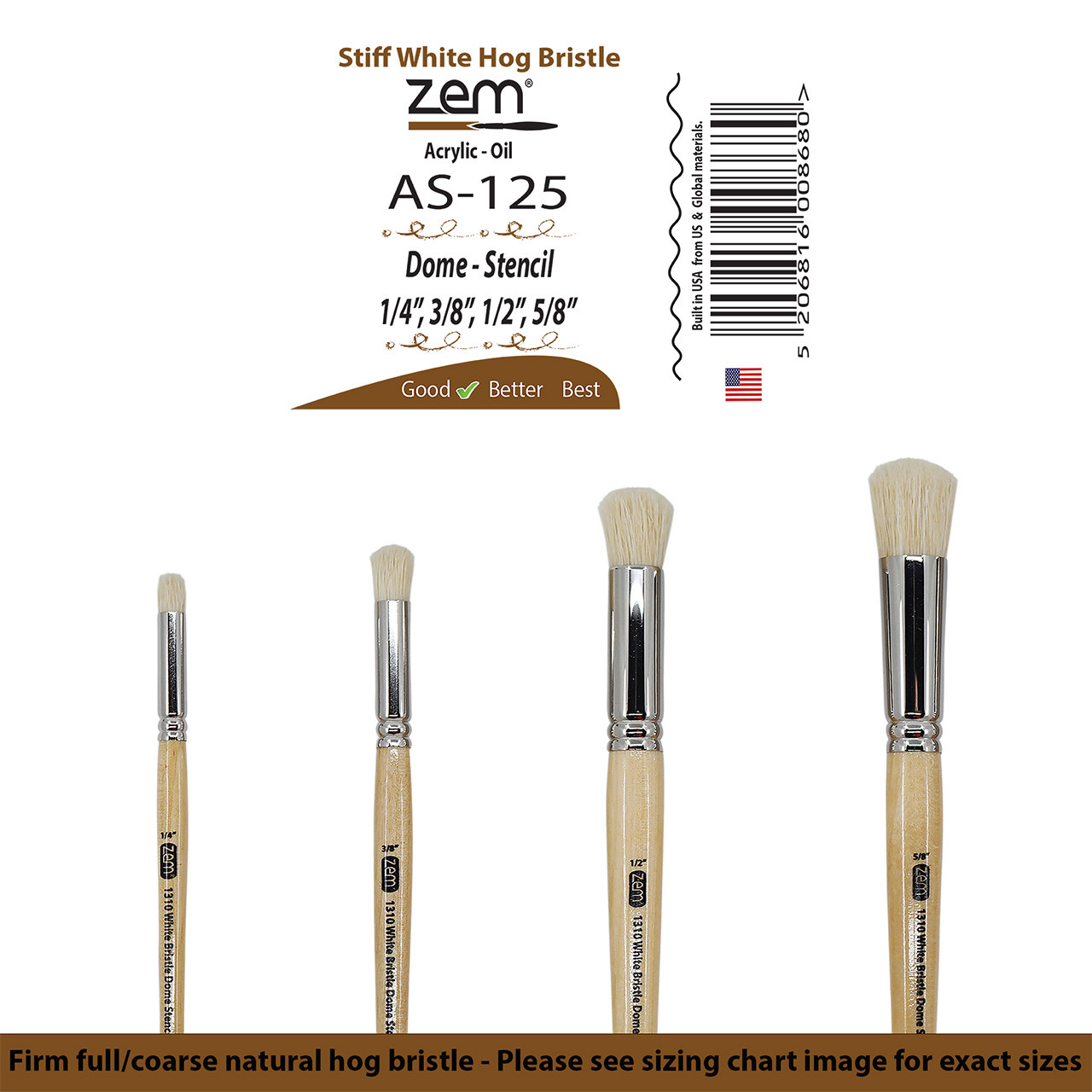 AS-125 Stiff Hog Stencil Dome Shape Firm Bristle Artist Brush Set