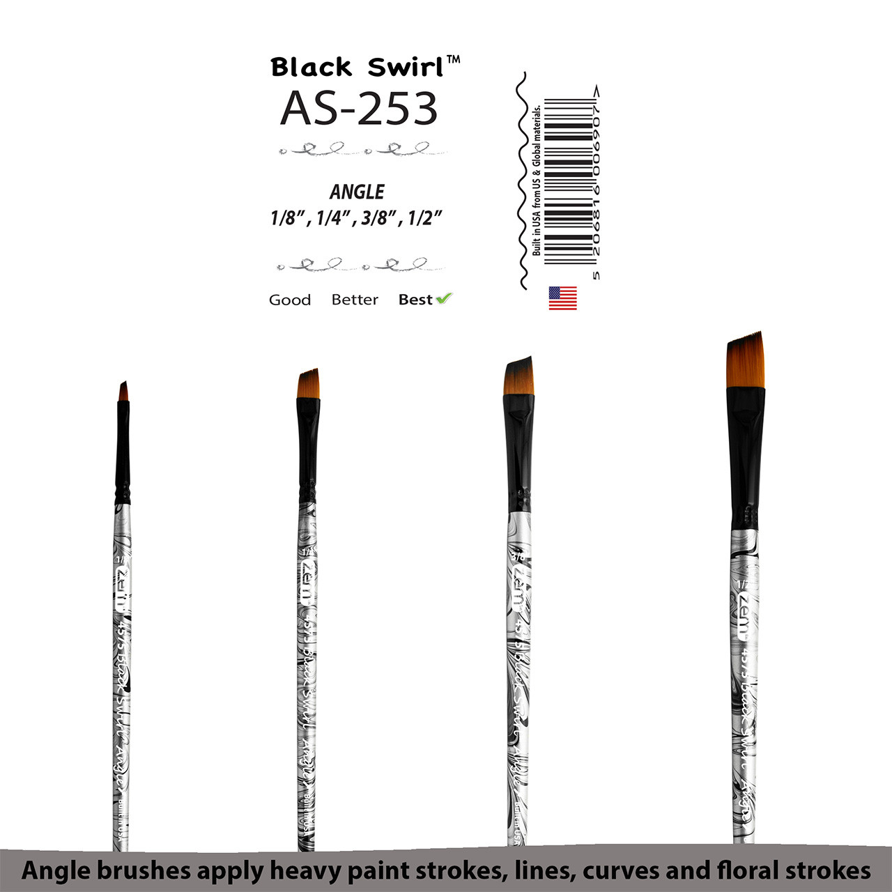 AS-253 Black Swirl Synthetic Angle Shader Brush Set 4 pcs