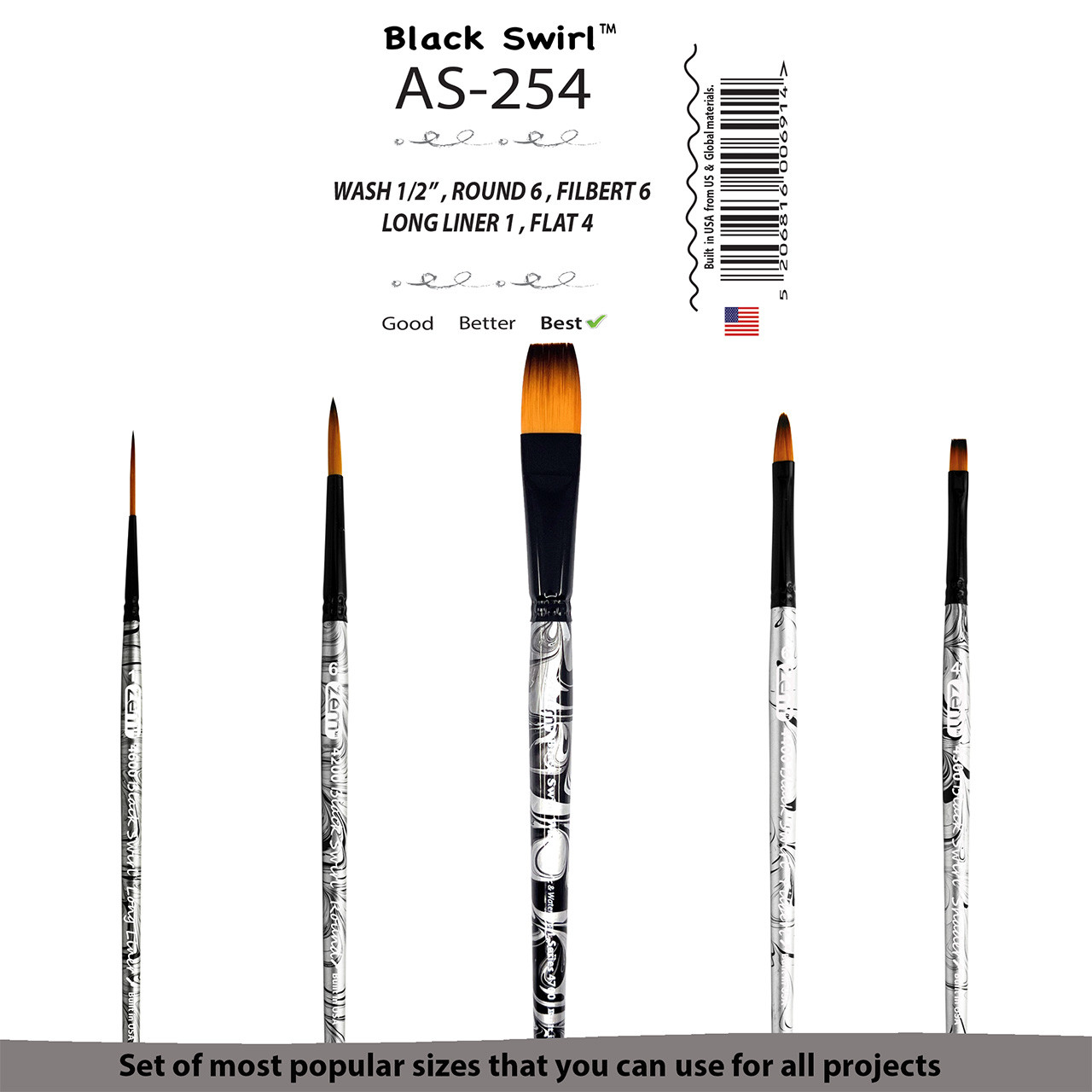 AS-254 Black Swirl Synthetic Combo Brush Set 5 pcs | Zem Brush