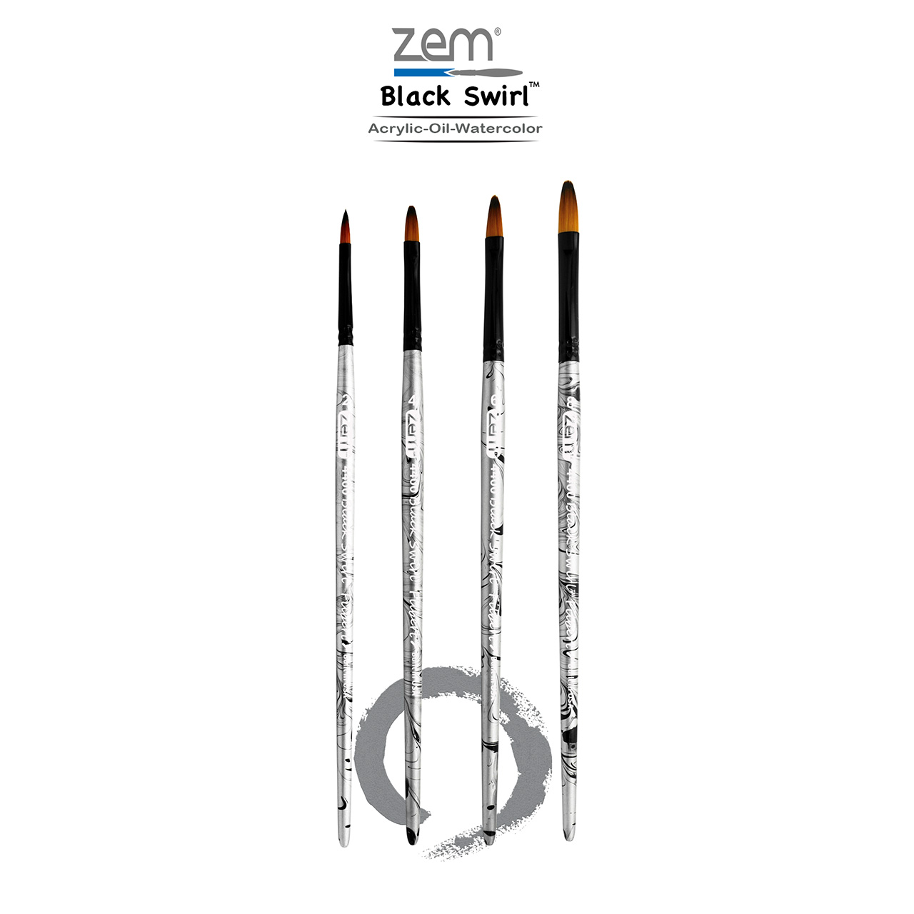 AS-255 Black Swirl Synthetic Filberts Brush Set 4 pcs | Zem Brush