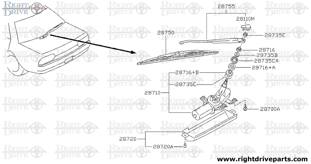 28750 - blade assembly, rear window wiper - BNR32 Nissan Skyline GT-R