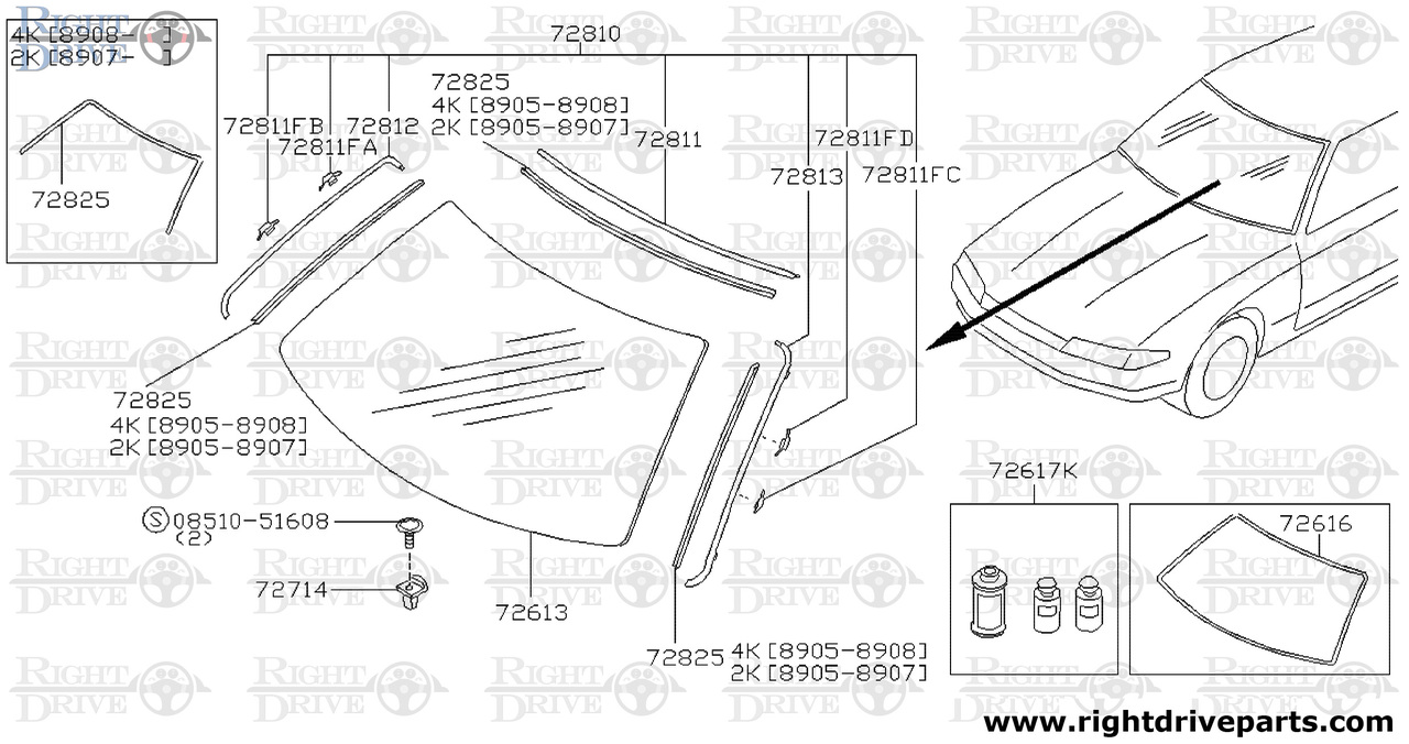 72810 - molding set, windshield - BNR32 Nissan Skyline GT-R