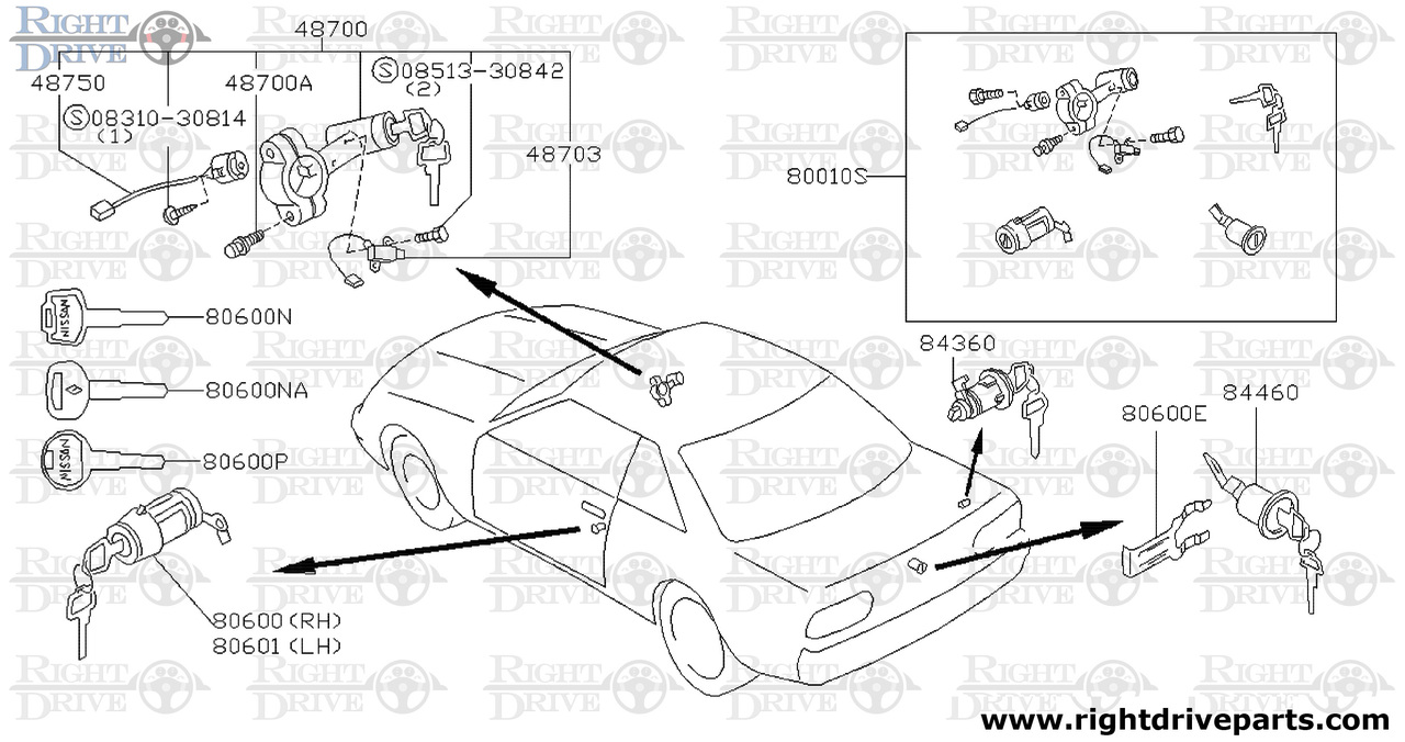 80600 - cylinder set, door lock RH - BNR32 Nissan Skyline GT-R