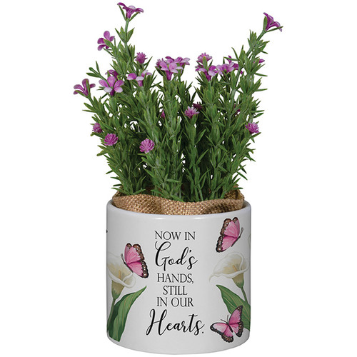 "IN GOD'S HANDS" PLANTER WITH ARTIFICIAL FLOWERS