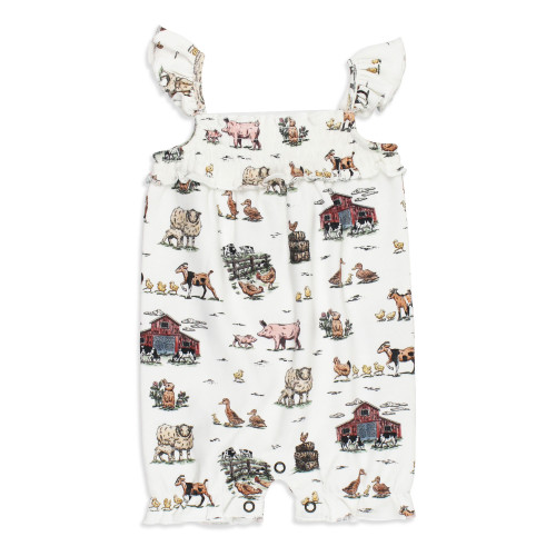 ORGANIC SMOCKED BUBBLE ROMPER FARM FRIENDS