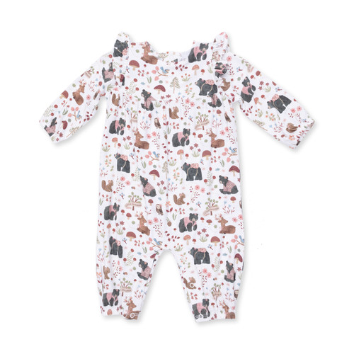 WOODLAND ANIMALS PINK RUFFLE ROMPER