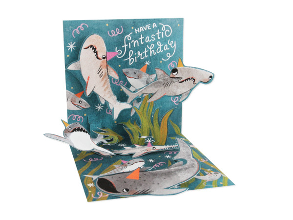 SHARKS WITH PARTY HATS, HAPPY BIRTHDAY POP UP CARD