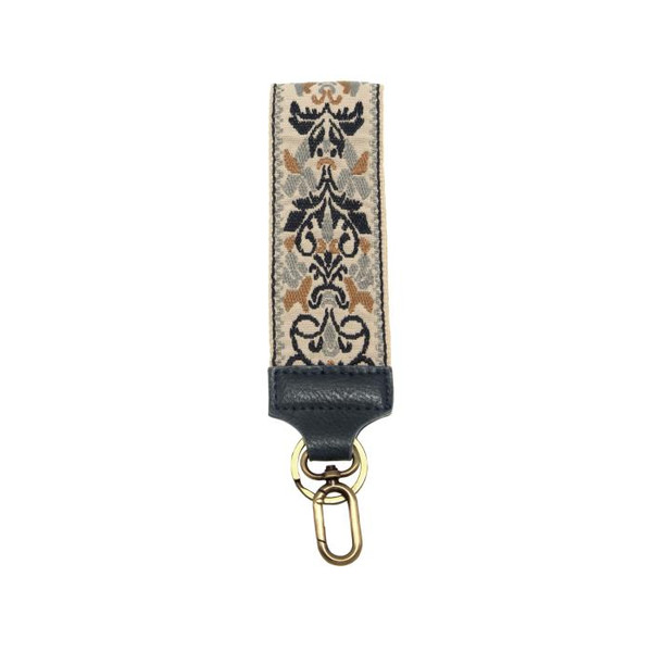 2" NAVY FLORAL FILIGREE EMBROIDERED WRISTLET KEYCHAIN