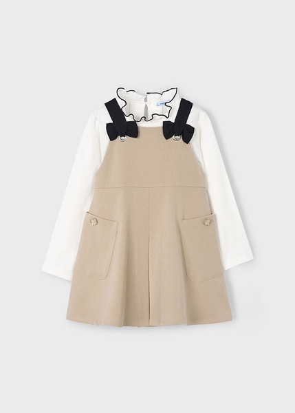 WOOD PINAFORE DRESS W/ BOWS