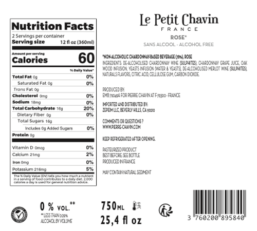 Le Petit Chavin Rose Non Alcoholic Wine from France Nutrition Facts Le Petit Chavin Rose Non Alcoholic Wine from France Nutrition Facts