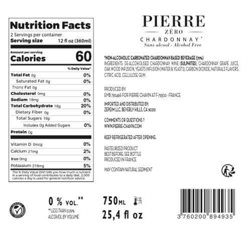 Pierre Zero Chardonnay Sparkling Non Alcoholic Champagne From France Nutrition Facts