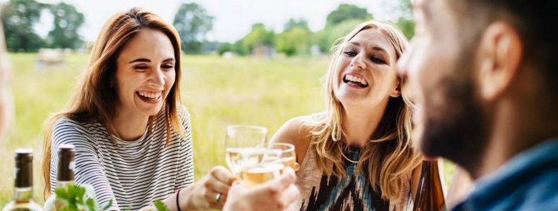 Friends raising glasses at an outdoor gathering