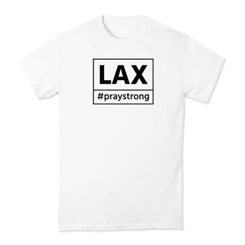 state shirt, airport, code apparel, praystrong community shirt, white, black, lax, los angeles, california, ca