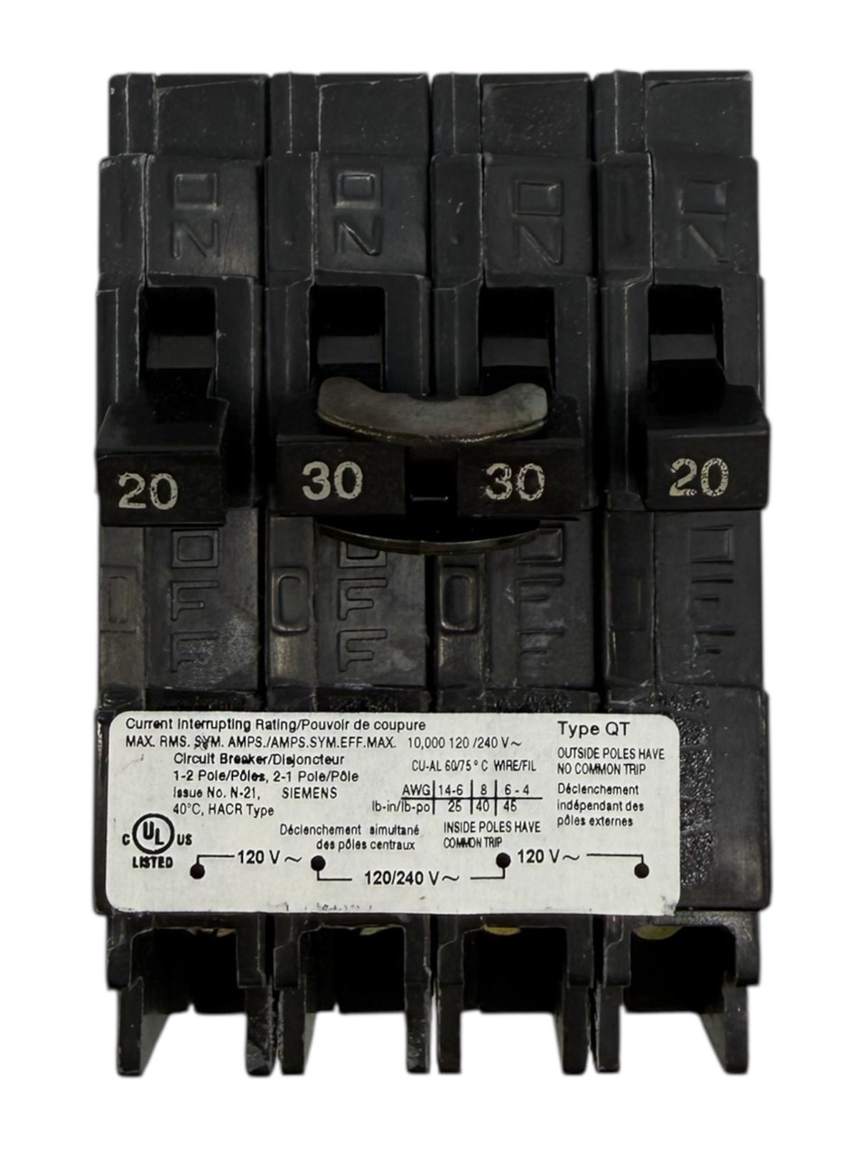 Siemens 20/30/30/20 Quadplex Circuit Breaker Q22030ct