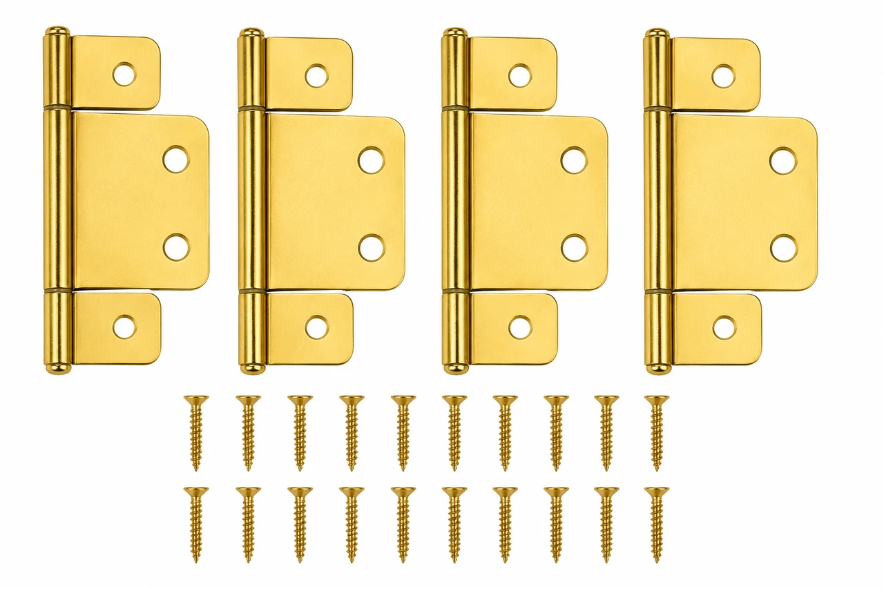 Mobile Home/RV Brass Interior Door Extended Leaf Hinge with Screws, 3-Leaf Design, 1-3/16" x 3-7/16", Pack of 4