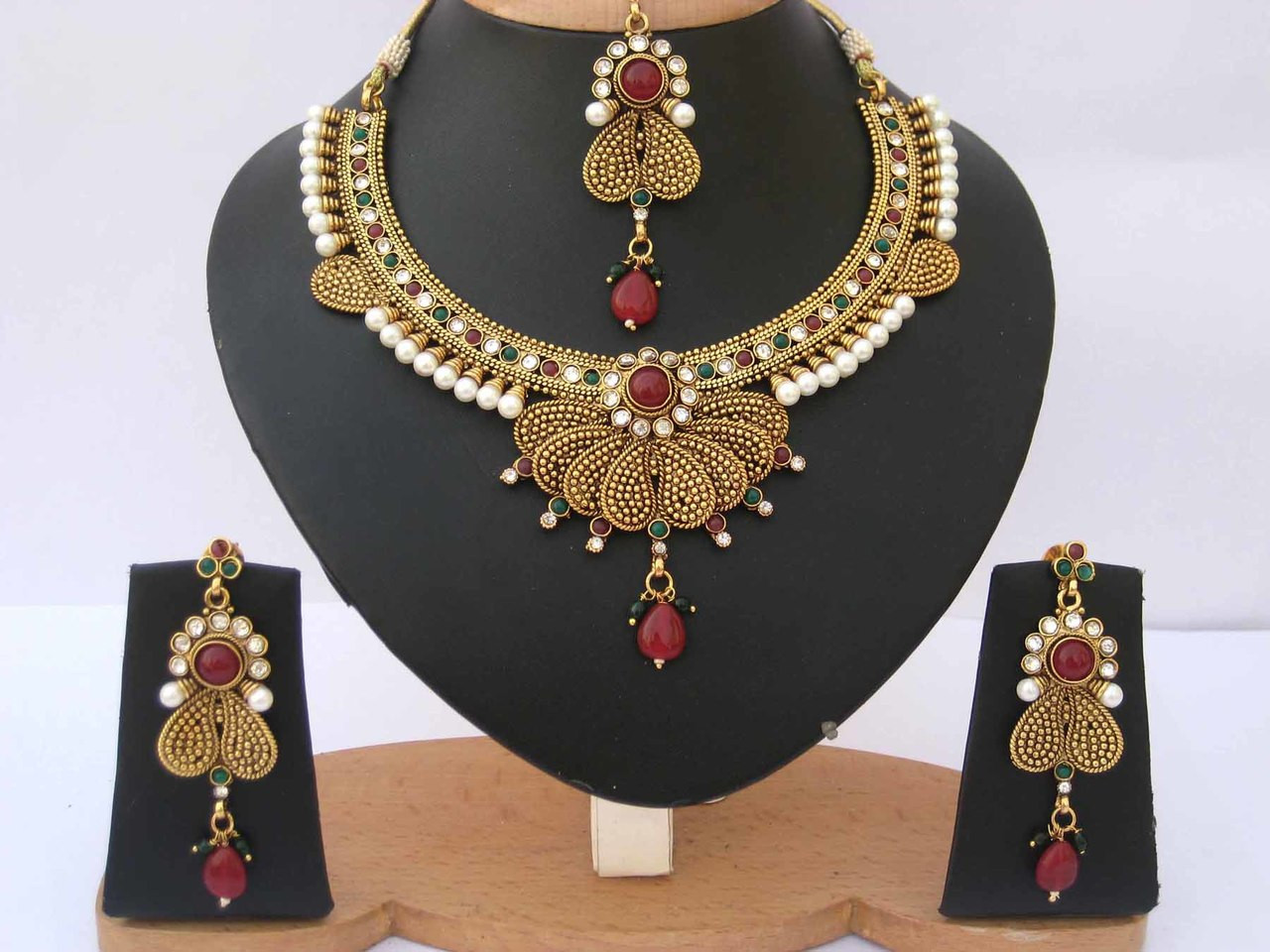 Indian Bollywood Polki Gold Plated Pearl Ruby Necklace Earrings Wedding Jewelry 